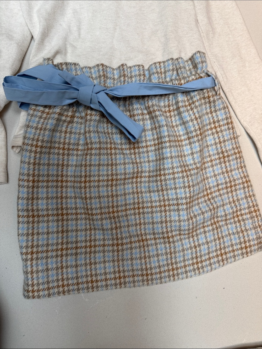 Girls Plaid Paperbag Waist Skirt with Light Blue Tie